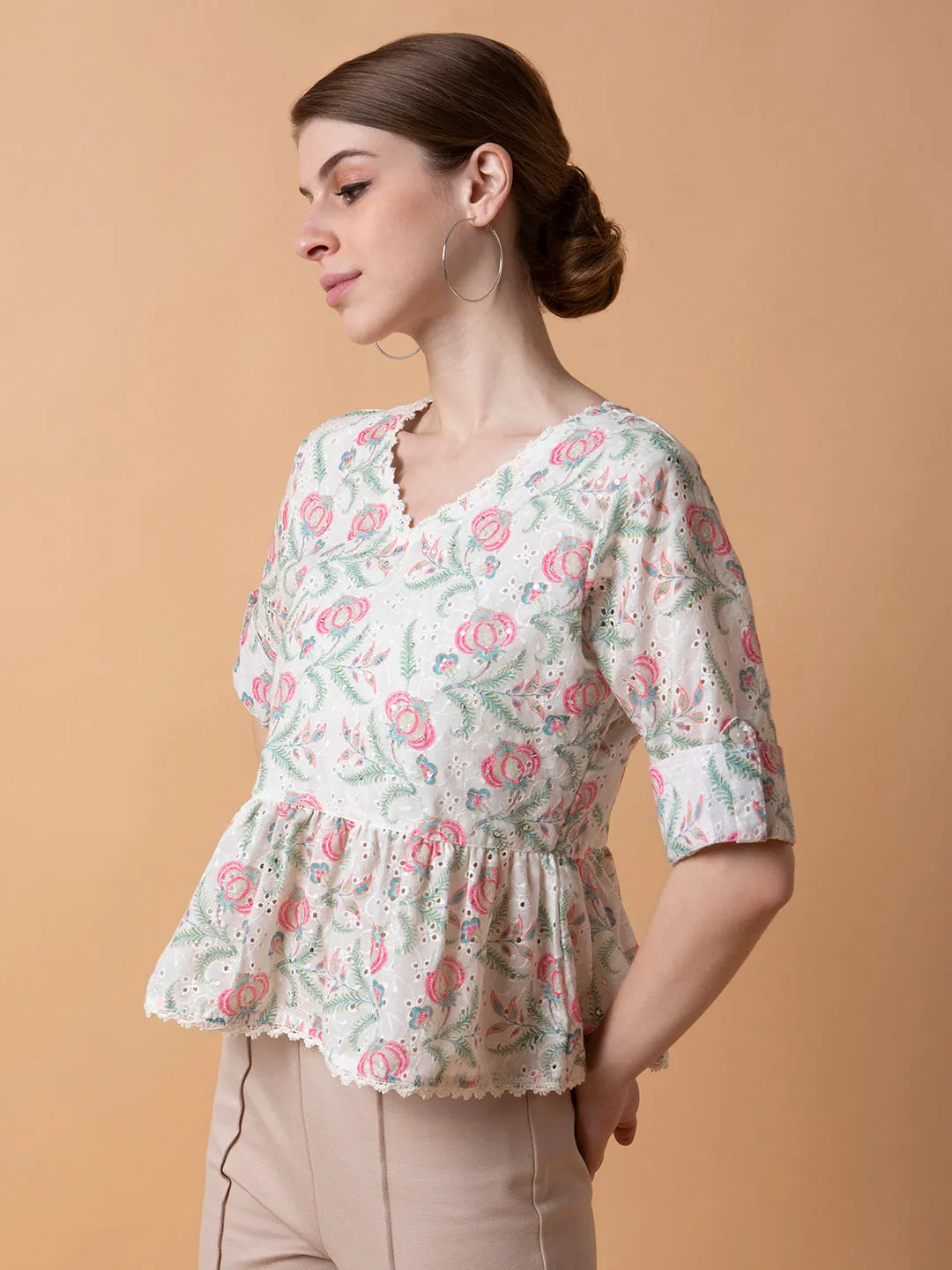 Women Floral Off White A-Line Schiffli Top