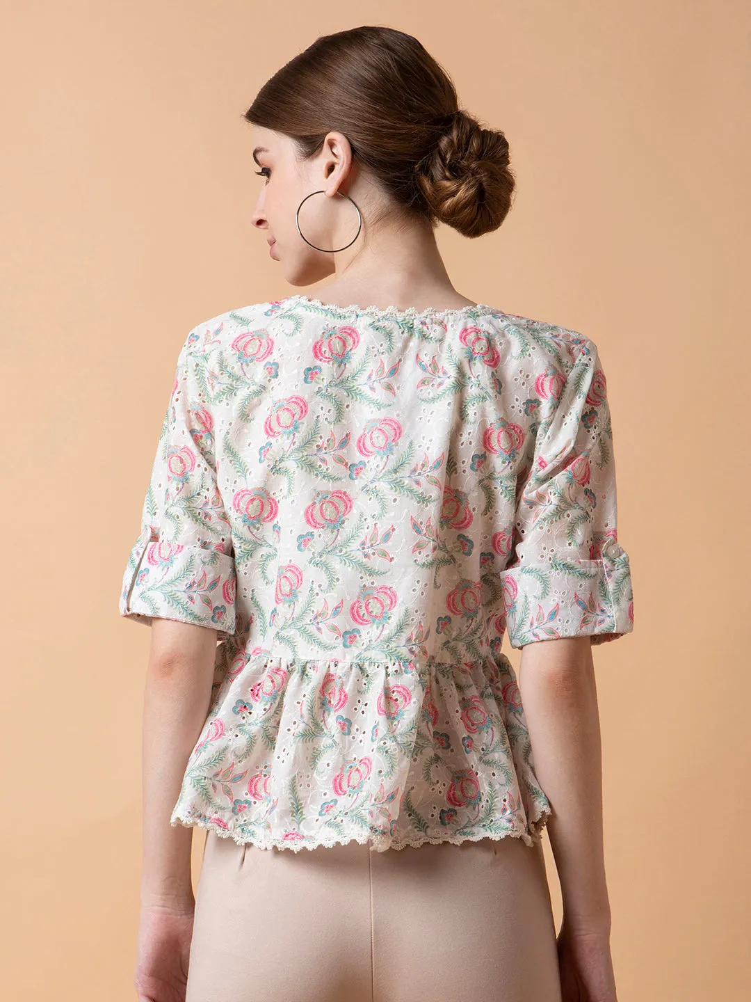 Women Floral Off White A-Line Schiffli Top