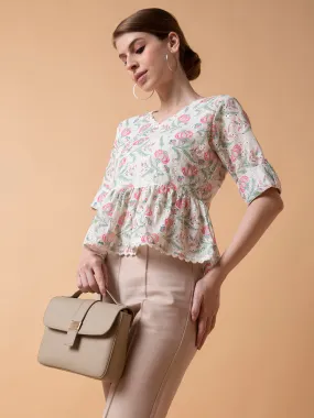 Women Floral Off White A-Line Schiffli Top