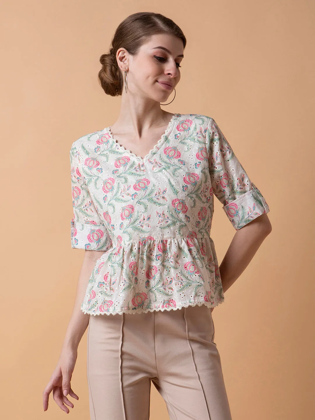 Women Floral Off White A-Line Schiffli Top