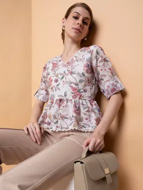 Women Floral White A-Line Schiffli Top