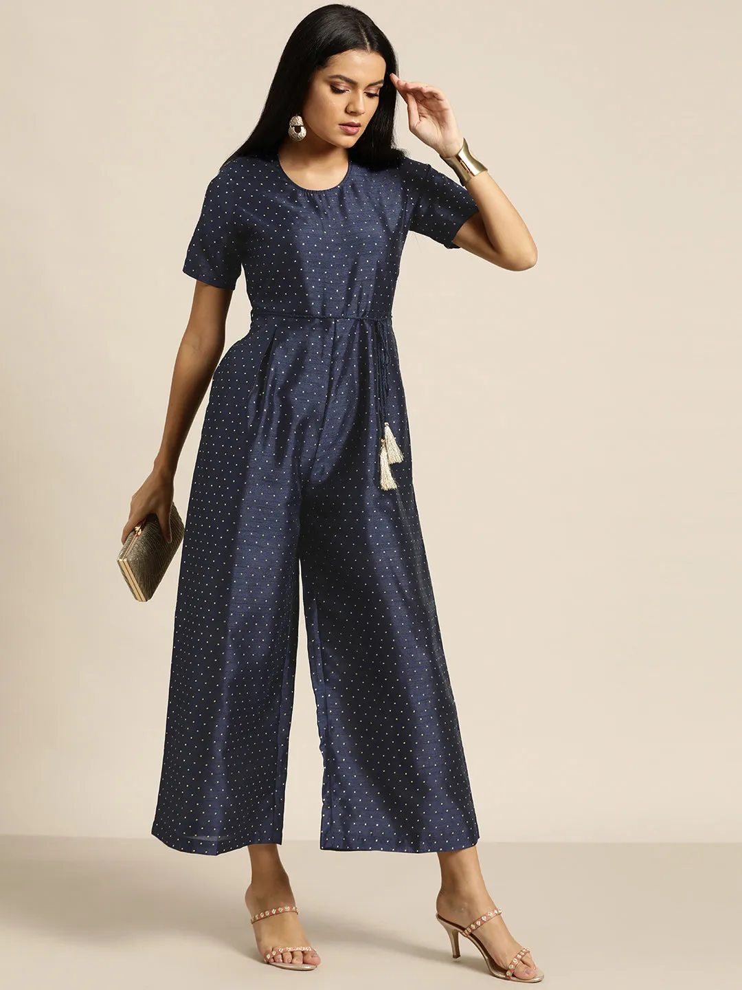 Women Navy Mukaish Work Jumpsuit