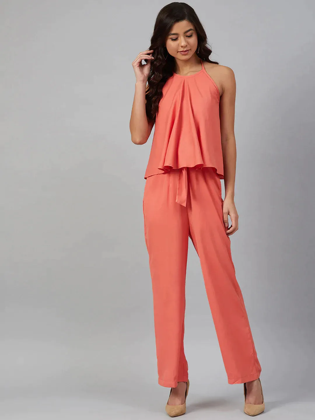 Women Peach-Coloured Solid Halter Neck Basic Jumpsuit