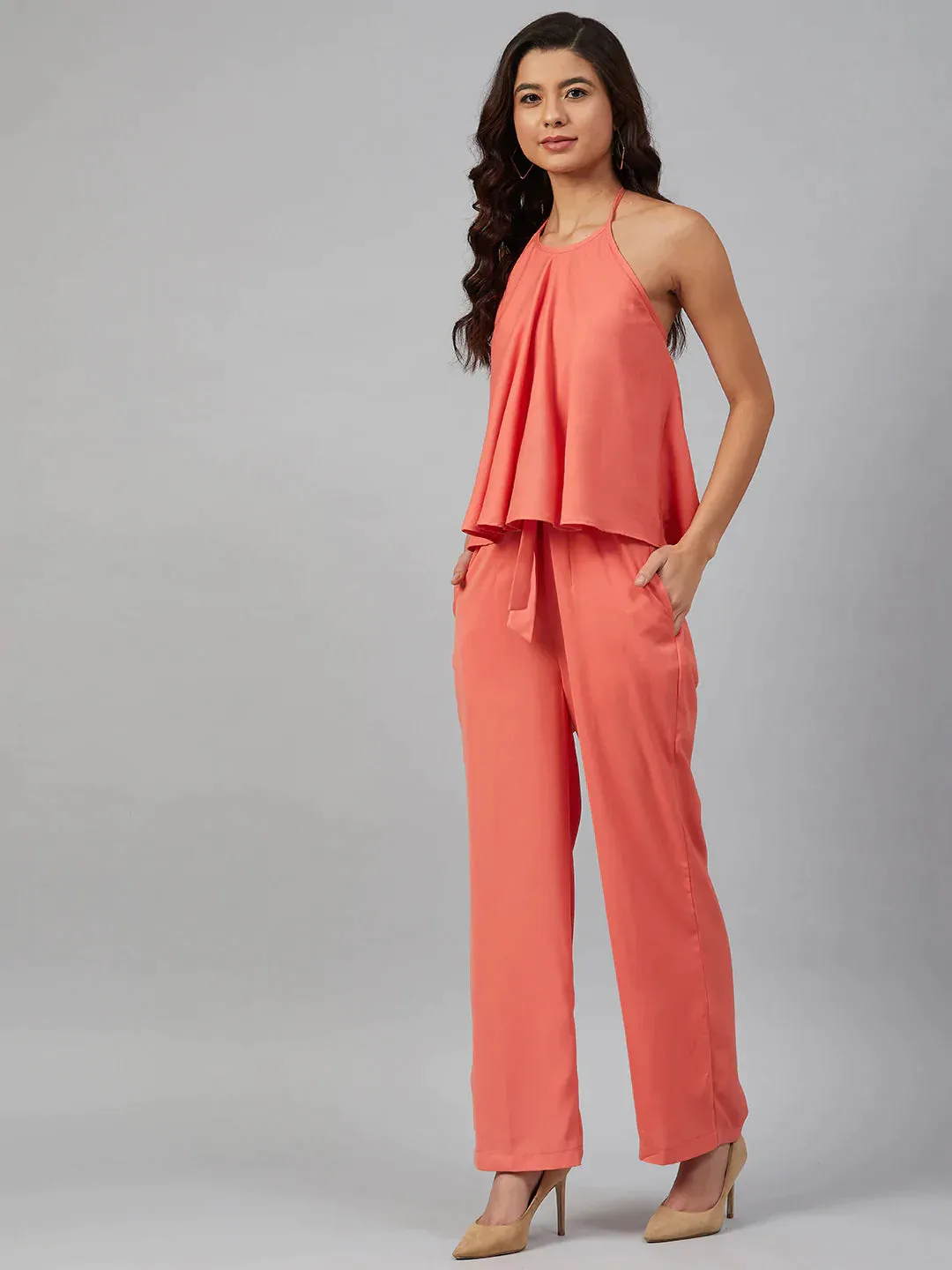 Women Peach-Coloured Solid Halter Neck Basic Jumpsuit