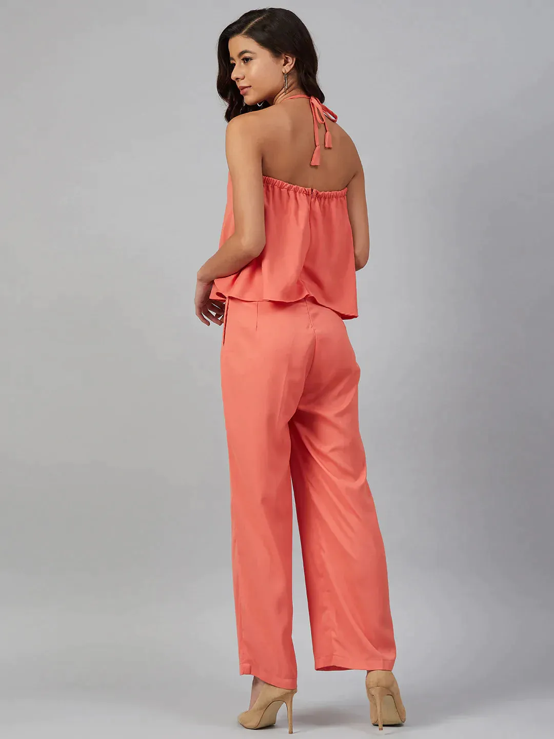 Women Peach-Coloured Solid Halter Neck Basic Jumpsuit