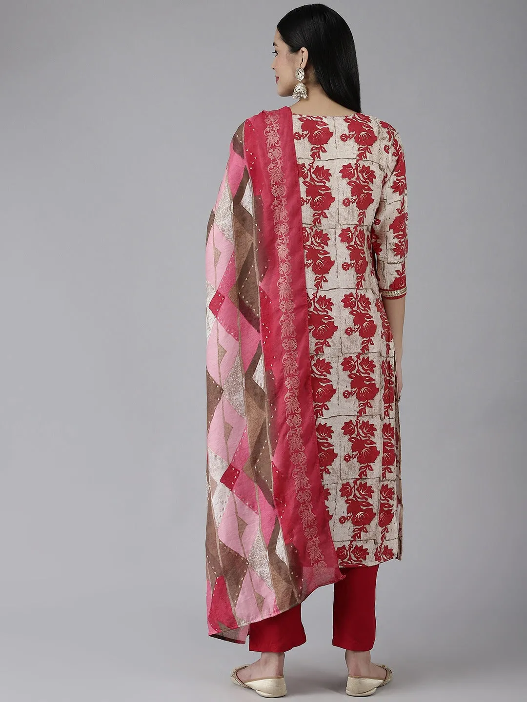 Women Pink And Beige Muslin Kurta Set With Dupatta