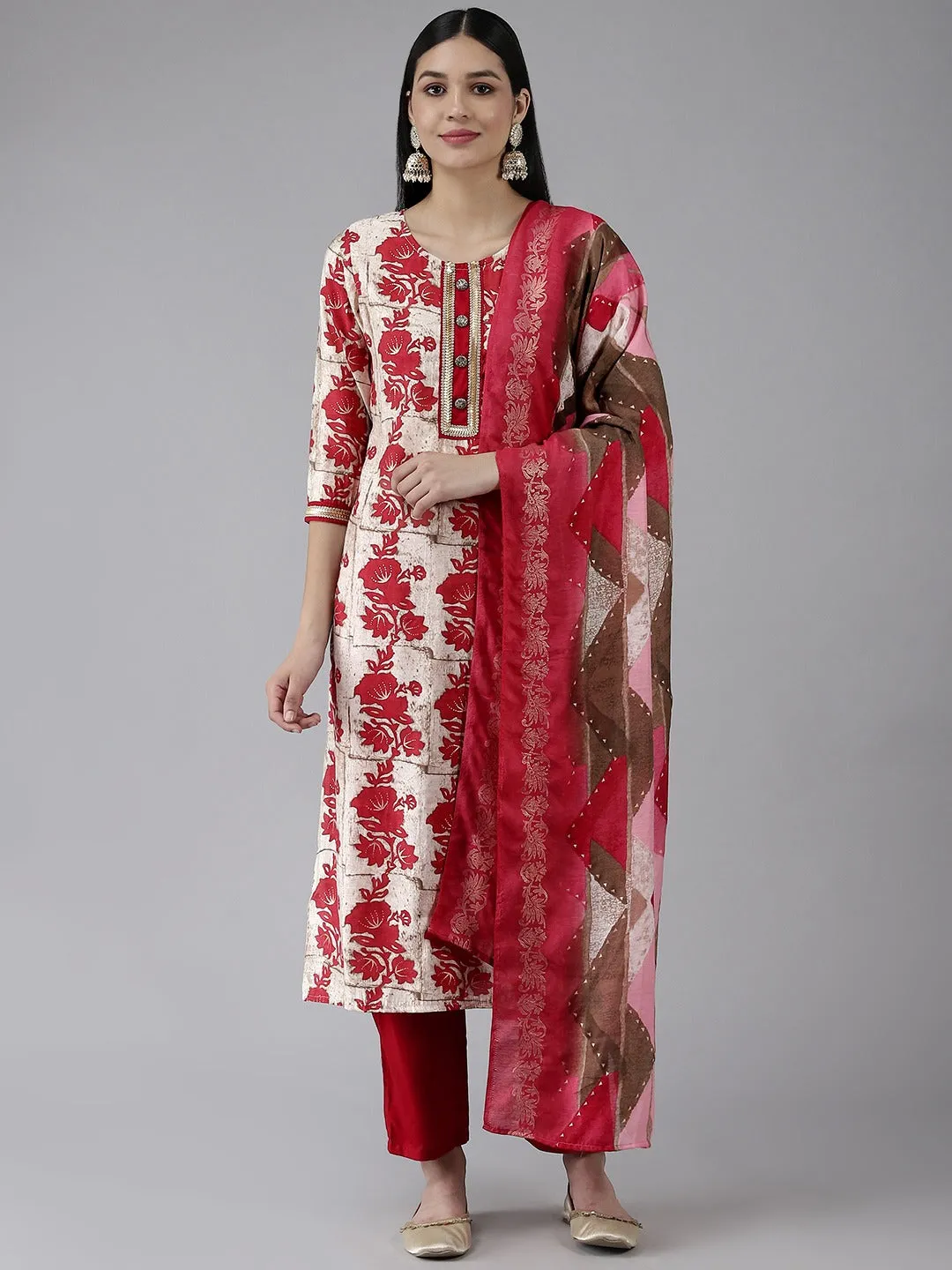 Women Pink And Beige Muslin Kurta Set With Dupatta