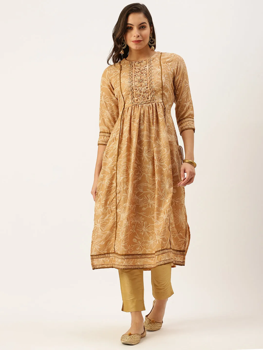 Women's Beige Printed A-Line Kurtas