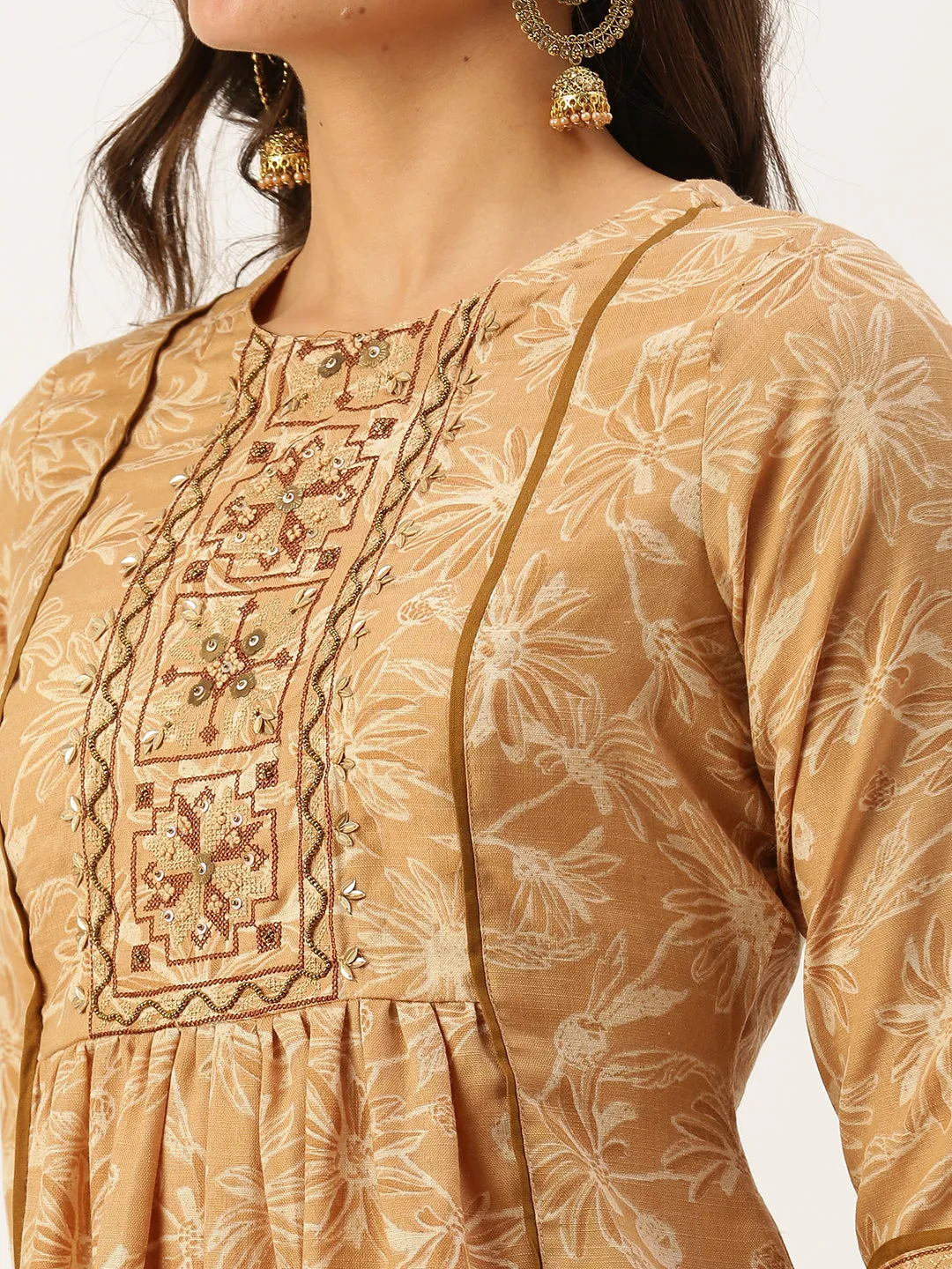 Women's Beige Printed A-Line Kurtas