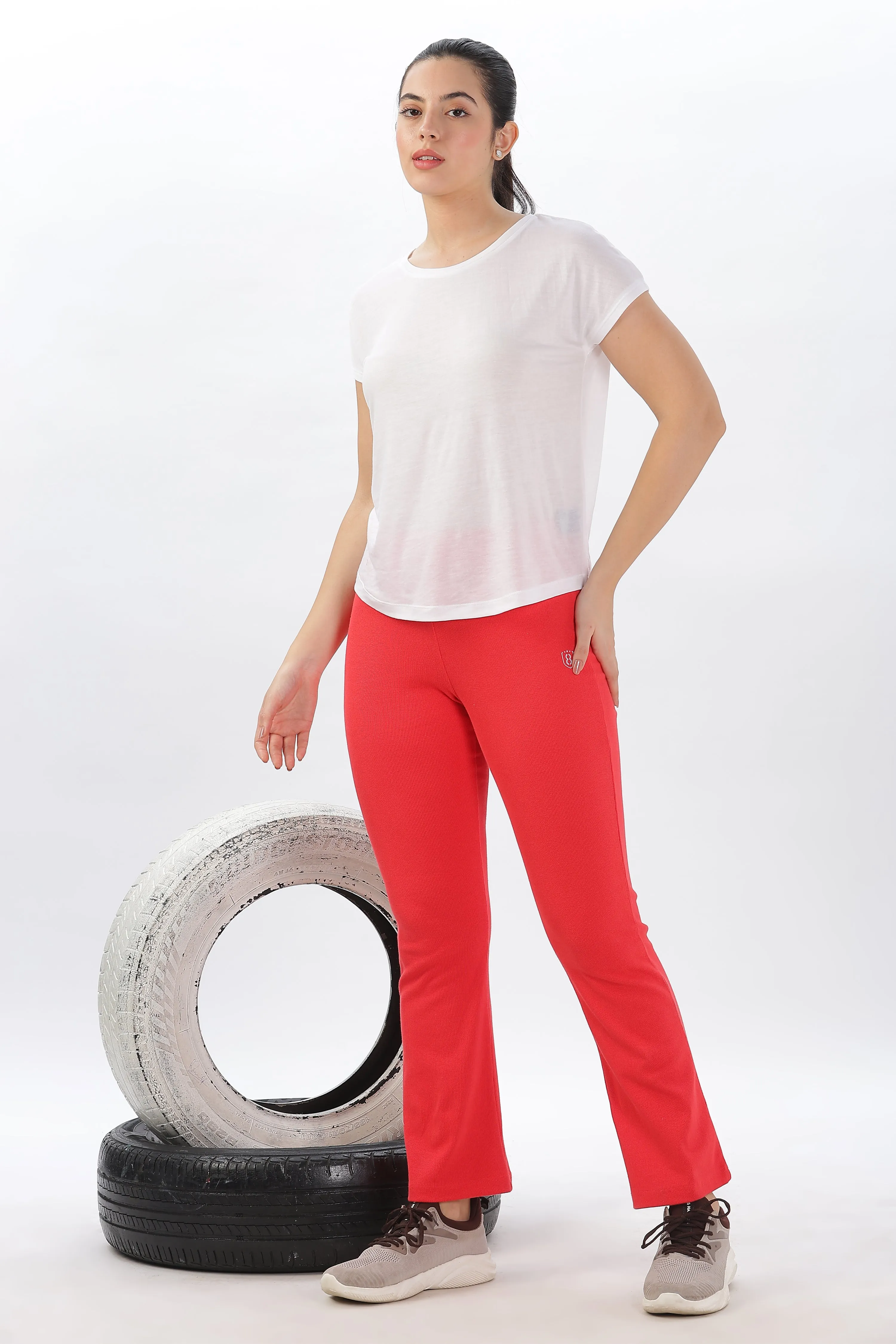 Women's Cotton Slim Flared Stretchy and Comfort Fit Pant (Brick Red)