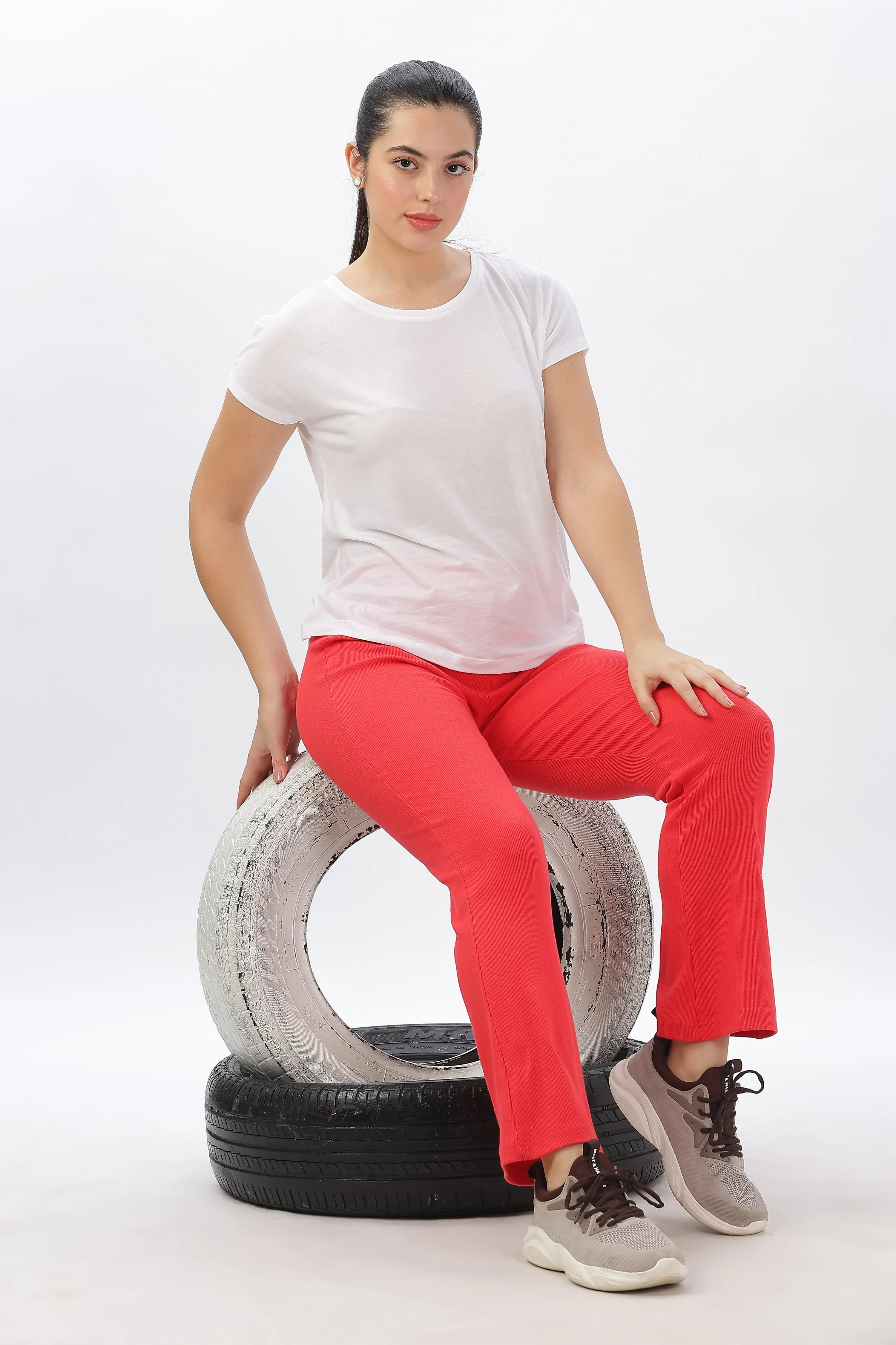 Women's Cotton Slim Flared Stretchy and Comfort Fit Pant (Brick Red)