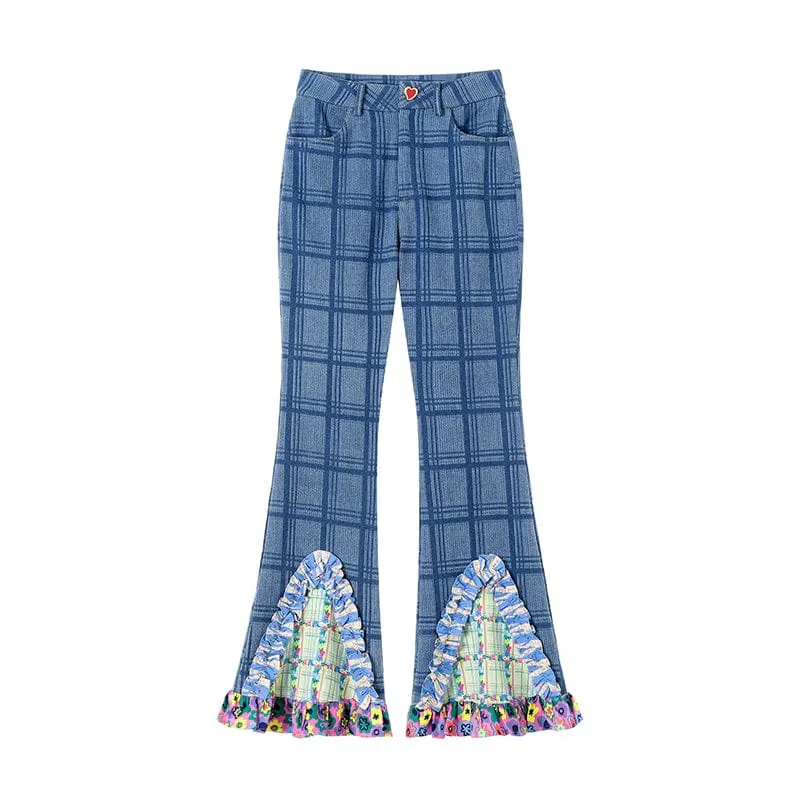 Women's Ruffled Splice Plaid Flared Pants