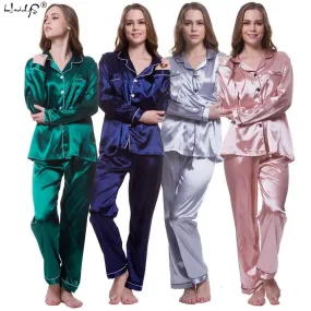 Women's Silk Satin Pajamas Set Long Sleeve Button-Down Sleepwear Loungewear New