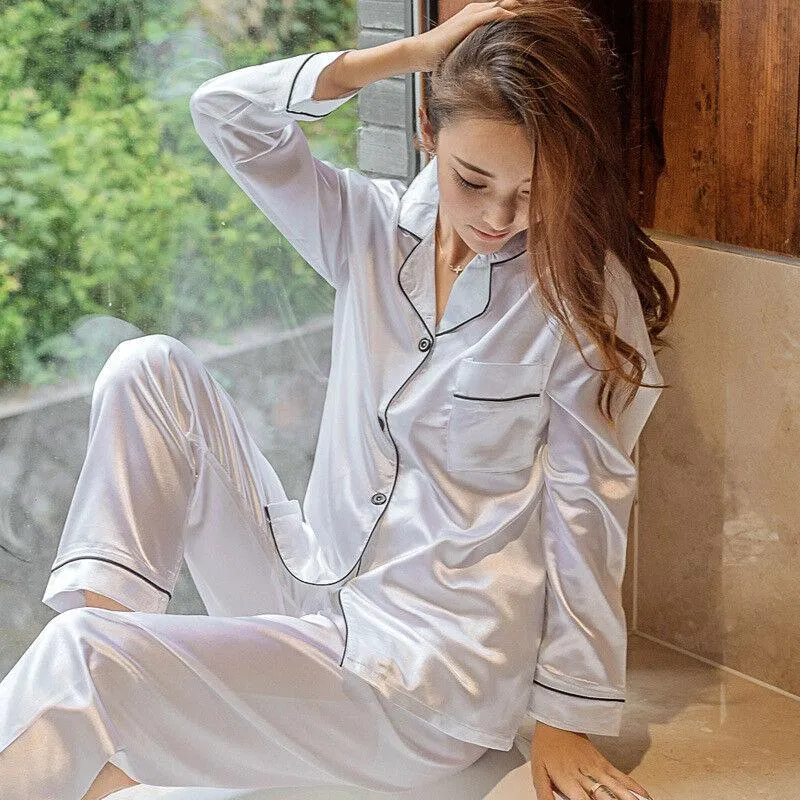 Women's Silk Satin Pajamas Set Long Sleeve Button-Down Sleepwear Loungewear New