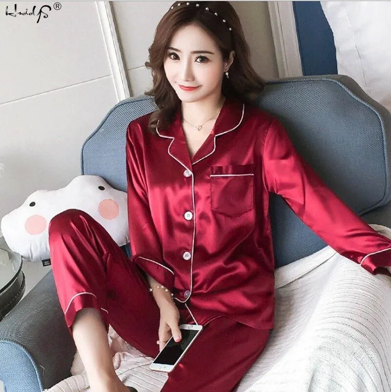 Women's Silk Satin Pajamas Set Long Sleeve Button-Down Sleepwear Loungewear New