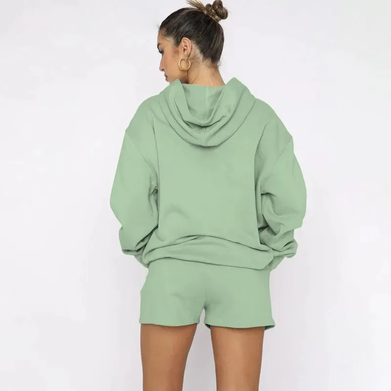 Women's Solid Color Long Sleeved Hooded Pullover Set