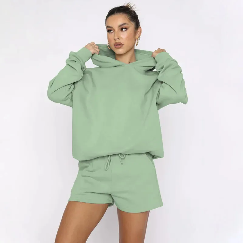 Women's Solid Color Long Sleeved Hooded Pullover Set