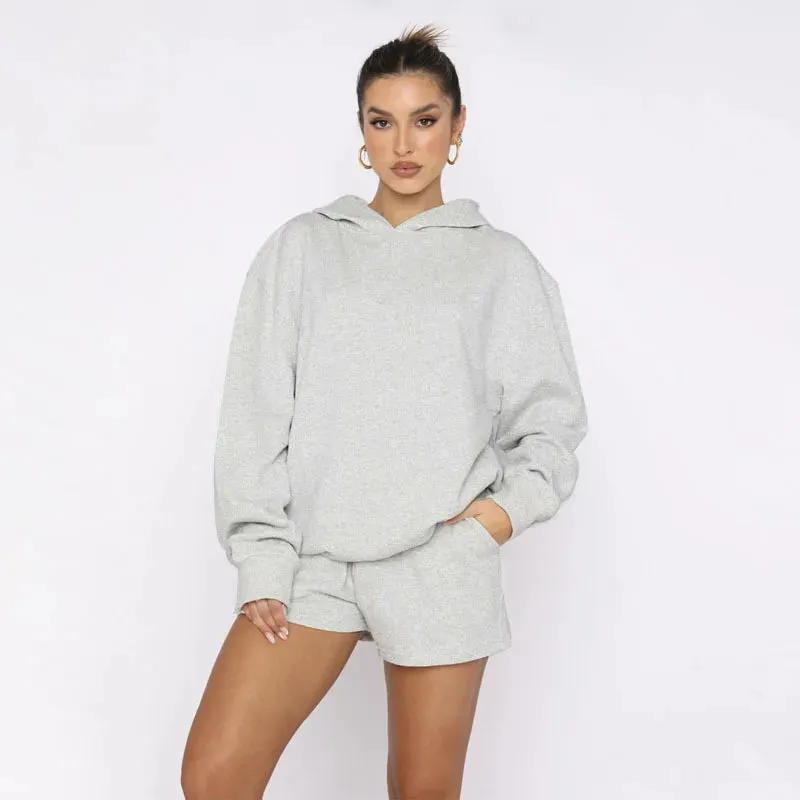 Women's Solid Color Long Sleeved Hooded Pullover Set