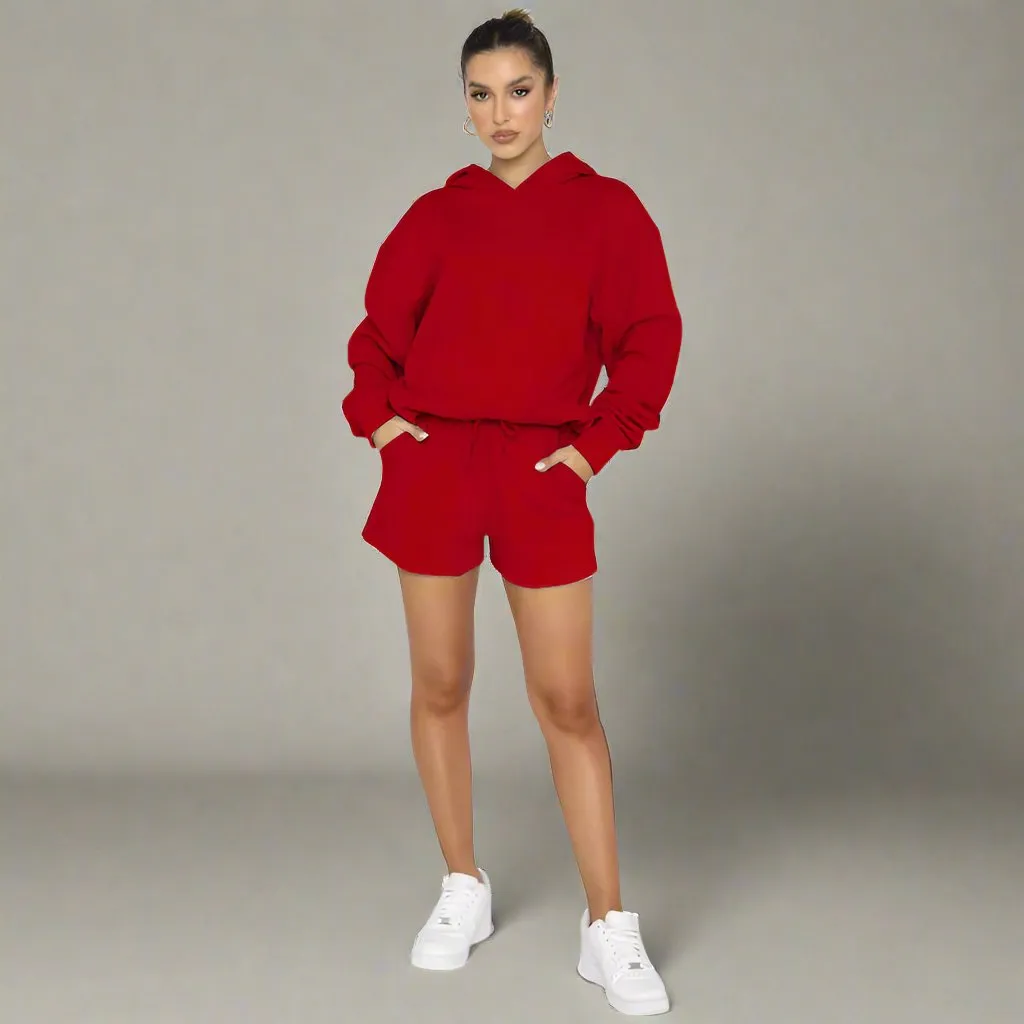 Women's Solid Color Long Sleeved Hooded Pullover Set