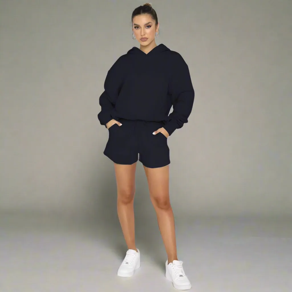 Women's Solid Color Long Sleeved Hooded Pullover Set