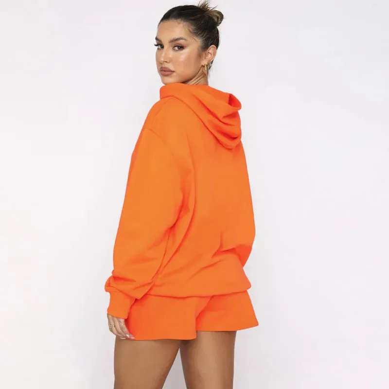 Women's Solid Color Long Sleeved Hooded Pullover Set