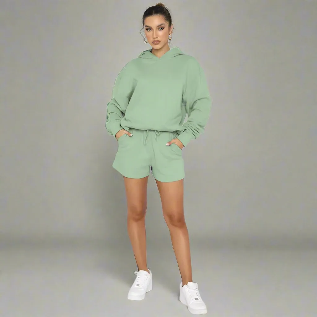 Women's Solid Color Long Sleeved Hooded Pullover Set