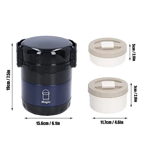 Yosoo Vacuum Insulated Food Jar, Insulated Lunch Containers 1.9L Independent Layering with Strap for Office Deep blue